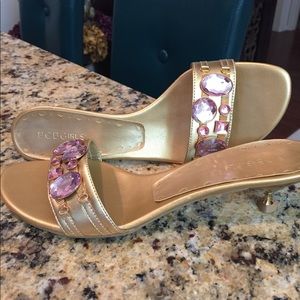Gold, pink jeweled, kitten heel
